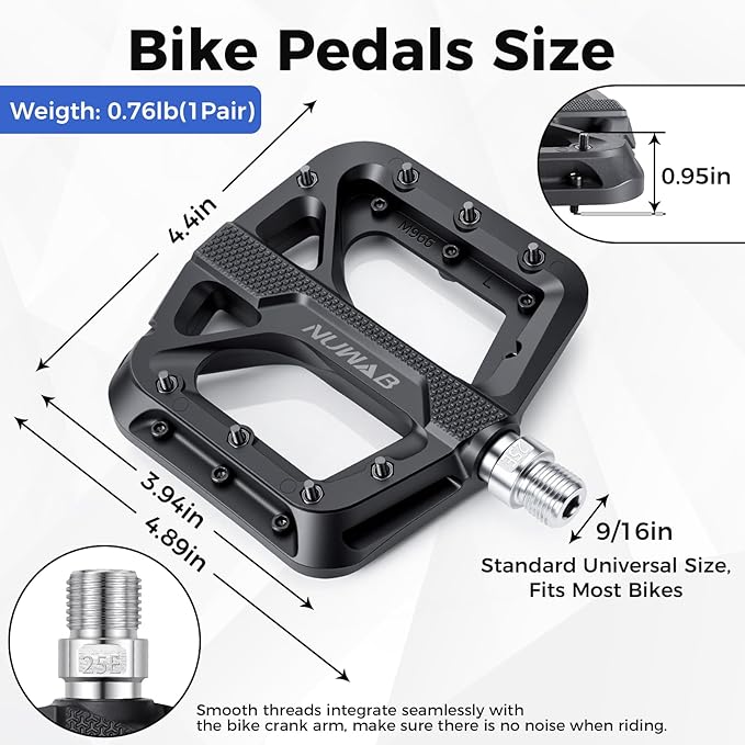 NUWAB Mountain Bike Pedals, 9/16 Inch Axle Thread Anti-Slip Bicycle Pedals, Lightweight and Wide Platform Flat Pedals for Road Mountain BMX MTB Bike, Come with Installation Tool