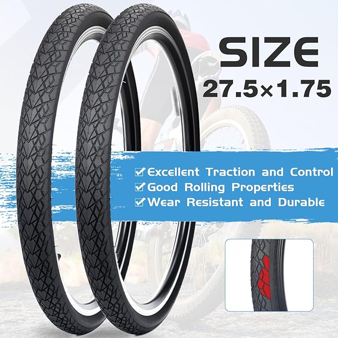 MEGHNA Bike Tire 20/24/26/27.5 inch Foldable Replacement Cruiser Bike Tire Mountain Bike Groove Anti-Slip with Tire Lever for Kids Hybrid Bike