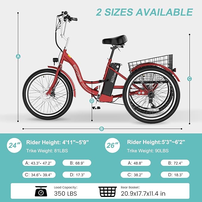 Electric Tricycle for Adults Seniors, 24/26 Inch 3 Wheel E-Trike, 350W Motor (700W Peak), Removable 36V Battery, Up to 15.5MPH, 25-60Mile Range, Low Step-Through, Rear Basket, 350lbs Capacity, 7 Speed