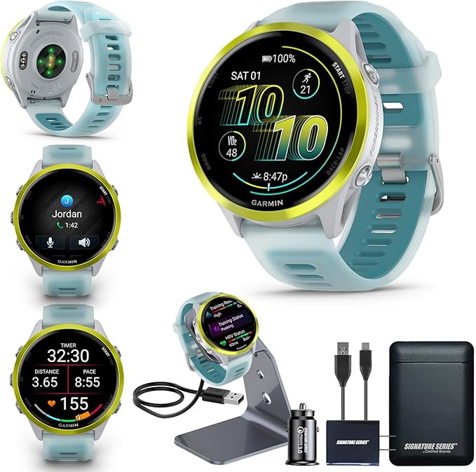 Garmin Forerunner 570 47mm GPS Running Smartwatch, Amp Yellow | Advanced Training & Recovery, Sleep Coach, Heart Rate, Download Music, Up to 11 Day Battery | Signature Series Power Bundle