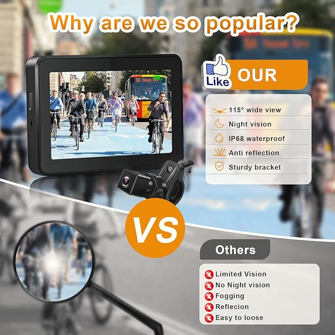 Bike Mirror Camera with 115°Wide Angle, 4.3" HD 1080P Monitor Bike Rear View Camera, Night Vision Bike Camera for Handlebars, Adjustable Bicycle Camera for E-Bike,Mountain, Road Bike