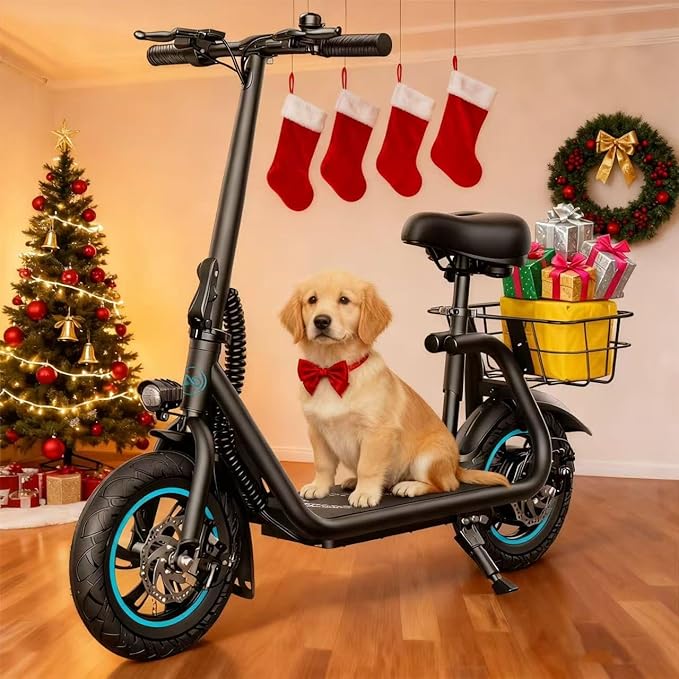 C1 Electric Scooter with Seat for Adults, 450W Motor, 20-Mile Range, 16 MPH, Foldable Commuter E-Scooter with Basket for Grocery, Pets, and Daily Commute– Classic Black