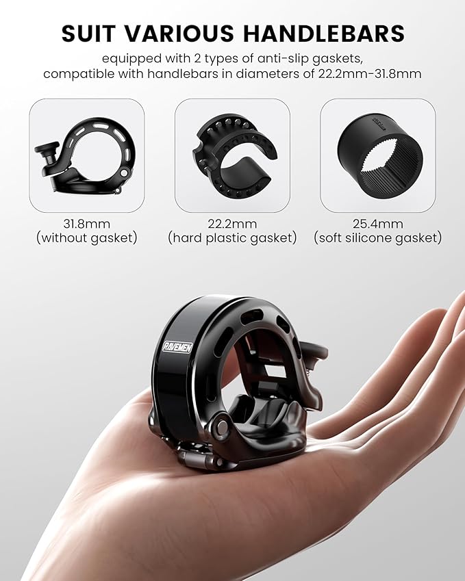RAVEMEN Q2 Bike Bell Compatible with AirTag, Loud Hidden Bicycle Bell for Adults and Kids, Fit 0.87''/22.2, 1''/25.4, 1.25''/31.8mm Handlebars