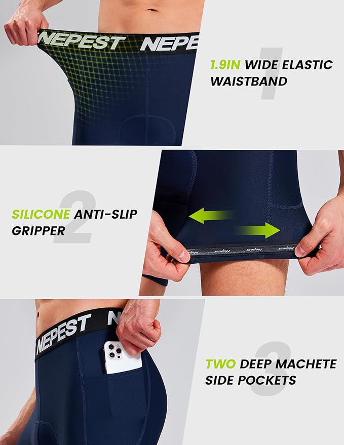 Nepest Cycling Underwear for Men Bike Shorts 4D Padded Biking Road Bicycle Biker MTB Liner Padding Shorts with Pockets