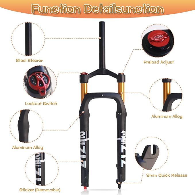 ZTZ 26 * 4.0 inch Fat Tire MTB Air Suspension Fork - Ultralight Rebound Adjustment Front Fork,120mm Travel, 135mm Spacing Hub，9mm QR，Crown Lockout， Ideal for Snow Beach XC Mountain Bikes