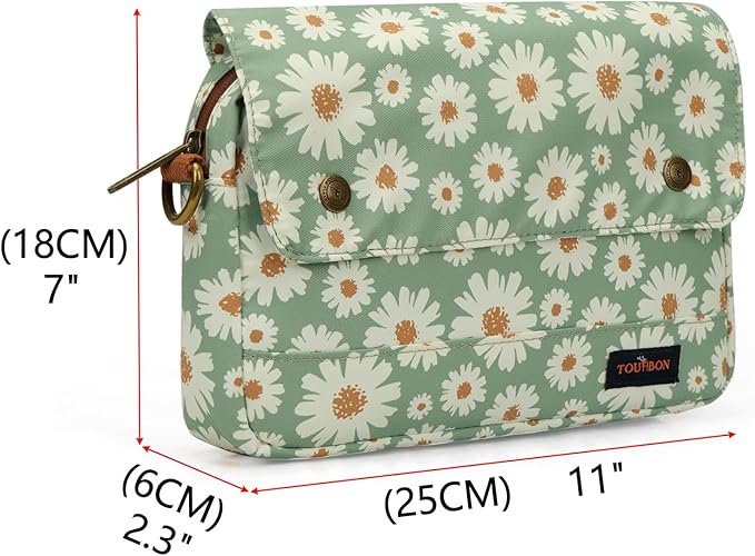 TOURBON Bike Bag Waxed Canvas Bicycle Handlebar Bag Zipper Closure Pouch Crossbar Front Frame Basket Cycling Saddebag Under Seat Strap-on Rear Rack Pannier (Light Green with Flower)