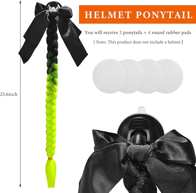 2PCS Helmet Pigtail Braids, Motorcycle Helmet Ponytail with Suction Cup, Bowknot Pigtails for Bicycle Helmet Decoration (Black-Fluorescent Green)