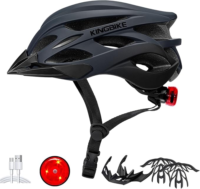 KINGBIKE Bike Helmet for Adult Men Women Youth Road Commute Mountain Cycling Helmets with USB Rechargeable Light Replaceable Padding and Visors Lightweight 20.4-23.6in