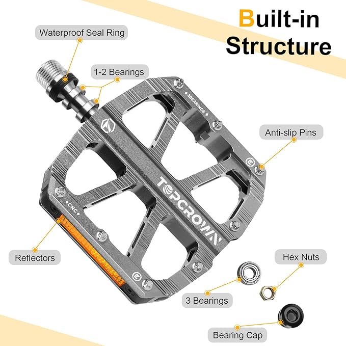 Mountain Bike Pedals with Reflectors, Aluminum Metal Bicycle Flat Pedals 9/16" - 3 Sealed Bearings, Non-Slip Wide Platform with Removable Pins for MTB, Road Bike, BMX, Ebike