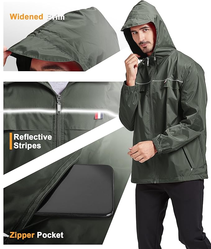 GEEK LIGHTING Rain Jacket Men Lightweight Waterproof Jackets Packable Windbreaker Hooded Raincoat for Golf Cycling Outdoor
