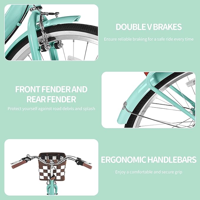 Foldable Beach Cruiser Bike for Women, 26 Inch Womens Bike with Basket, 7 Speed Commute Bike Adult Bicycles for Women, High-Carbon Steel/Front & Rear Fenders