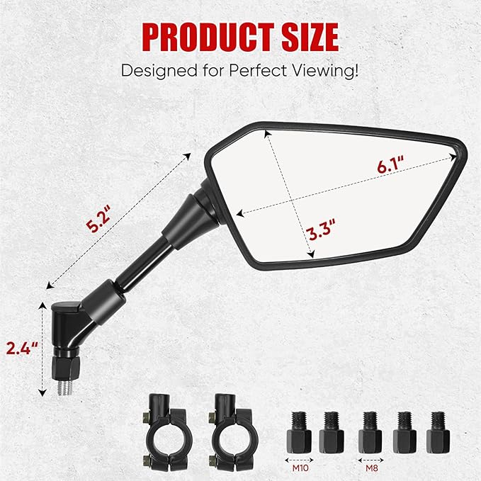 ATV Mirror, Multi-angle Side Rearview Mirrors for Bike Motorcycle ATV Scooter Cruiser with 8mm 10mm Bolt, 7/8" Handle Bar Mount Clamp Compatible with Suzuki Yamaha Honda Kawasaki Victory and More