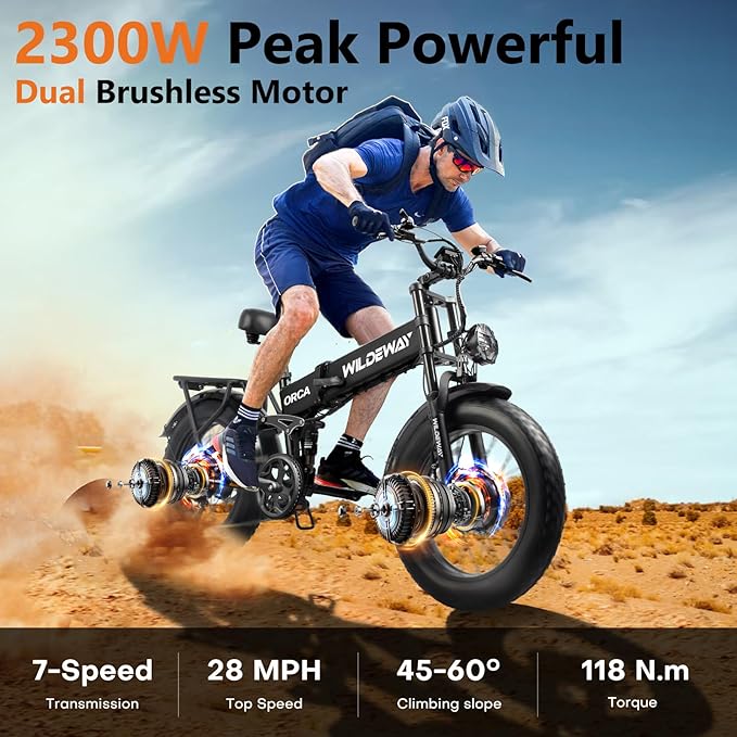Wildeway Dual Motor 20" Fat Tire Electric Bike 2300W 20Ah Removable Battery 28 MPH Folding Ebike Off Road Mountain Full Suspension Long Range Foldable Electric Bicycle for Adults Men 2 Seat