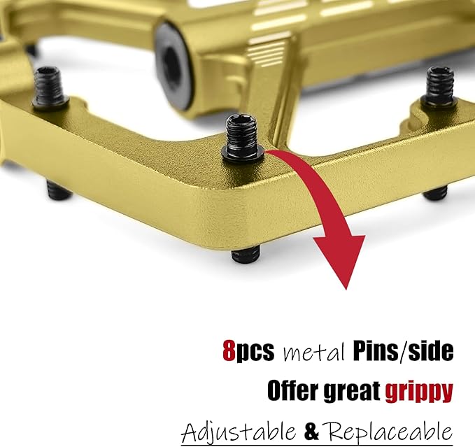 MTB Pedals Flat, Gravel Bike Pedals Flat, Light CNC Aluminum Alloy Platform Pedal w 3 Bearings Cr-Mo Spindle, Grippy Bicycle Pedals w 16pcs Pins, Mountain Bike Pedals Adult Child BMX Bike 9/16"