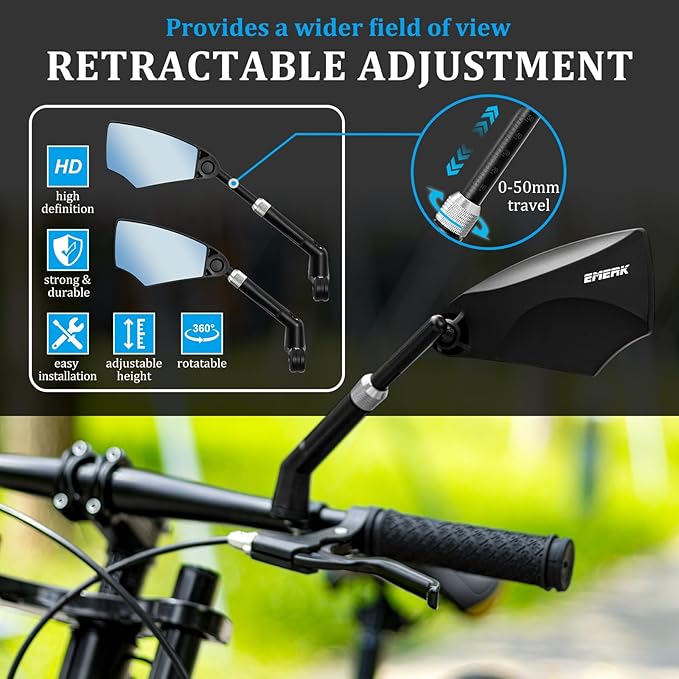 EMERK Anti-Glare Handlebar Bike Mirror: Bike Rear View Mirror With Retractable & 360°Adjustable Lens, HD Blast-Resistant Bicycle Mirror For 20-23mm Handlebar (Left)