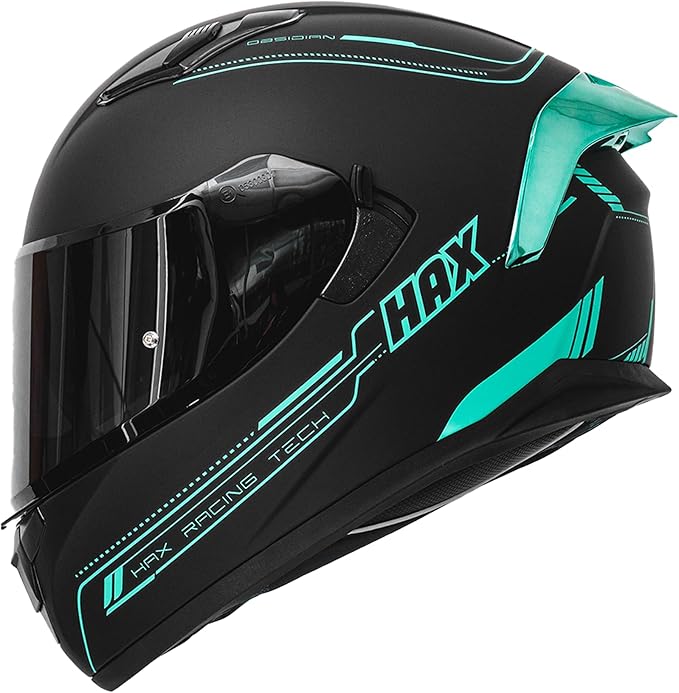 HAX Obsidian Full Face Dual Visor Adult Motorcycle Helmet for Motorbike Street Bike with Pinlock Ready DOT Approved Matte Black Aqua XXL