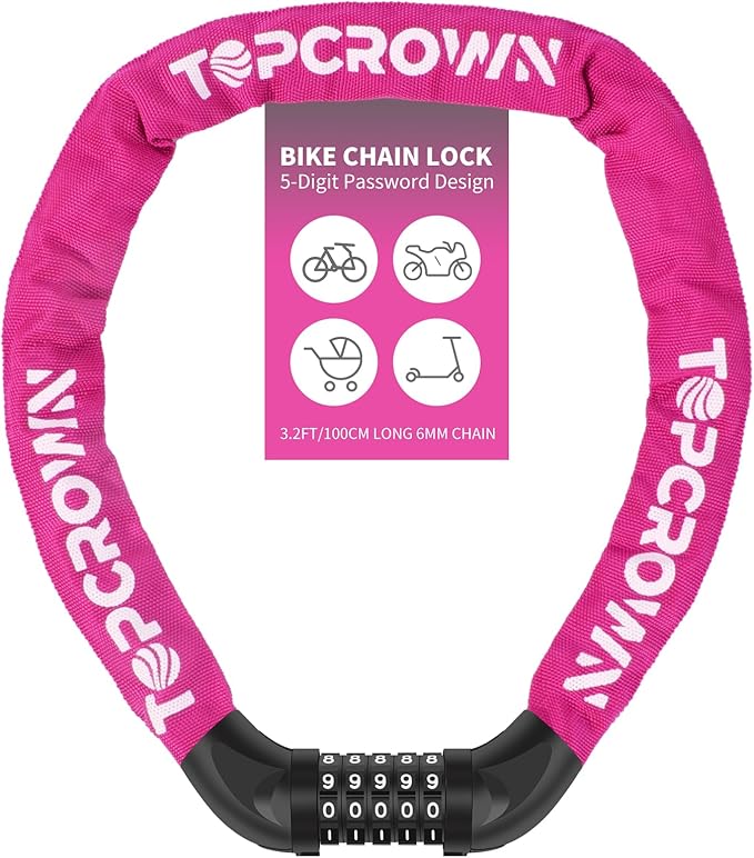 Bike Chain Lock 3.2Ft Long High Security Heavy Duty Anti Theft, 5 Digit Combination Resettable Keyless Bicycle Lock for Bike/Electric Scooter/Ebike/Motorcycle(Rose)