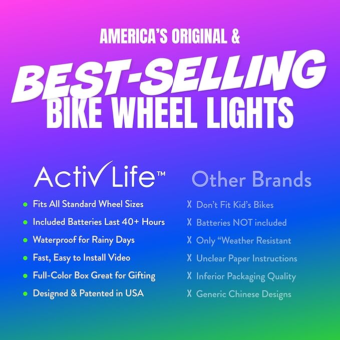 Activ Life 2-Tire Pack LED Bike Wheel Lights with Batteries Included, Get 100% Brighter and Visible from All Angles for Ultimate Safety and Style