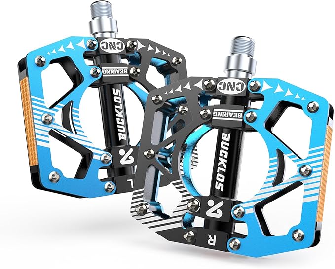 BUCKLOS MTB Bike Flat Pedals with Reflectors,Large Platform Mountain Non Slip CNC Aluminum Alloy Bicycle Pedals Sealed Bearing 9/16" Adult