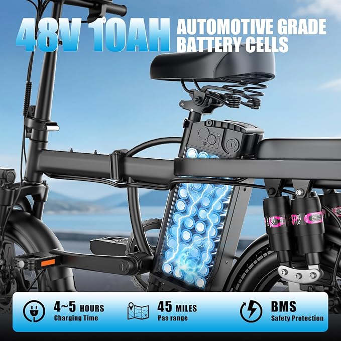 AZHAR Foldable Electric Bike for Adults Teens, 1200W Peak Motor, Up to 25 MPH, 45 Miles PAS Range, Dual Suspension, 14” Tires, 3-Speed Modes, Compact & Portable Electric Mini Bike, Commuting Ebike