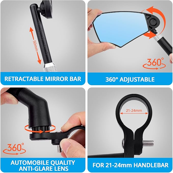 Retractable Bike Handlebar Rear View Mirrors 2 Pack - 360 ° Adjustable Flat Rotation Anti-Glare Glass Lens Bicycle Rearview Mirror, For the Bicycle Ebike Scooter 21-24mm Handlebar