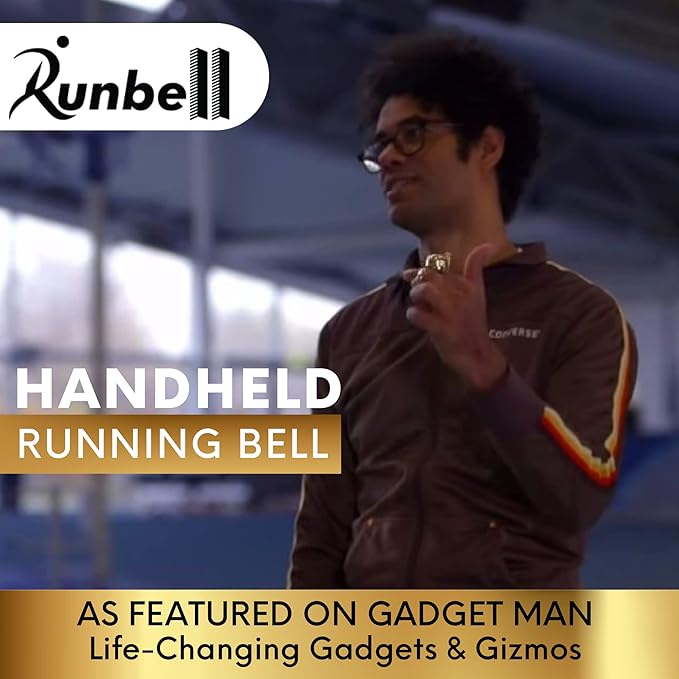 Handheld Running Bell, Wearable Runners Bell for Joggers and Marathoners Alerts Pedestrians to Move Over, Loud Resonant Brass Bell and Hammer on Aluminum Body with Silicone Finger Sizers