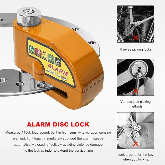 Alarm Disc Lock Set, 110dB Alarm Sound Anti-Theft Security Brake Padlock with 5ft Reminder Cable, Waterproof Battery Powered Disc Brake Lock for Motorcycle Bicycle Scooter (Orange)