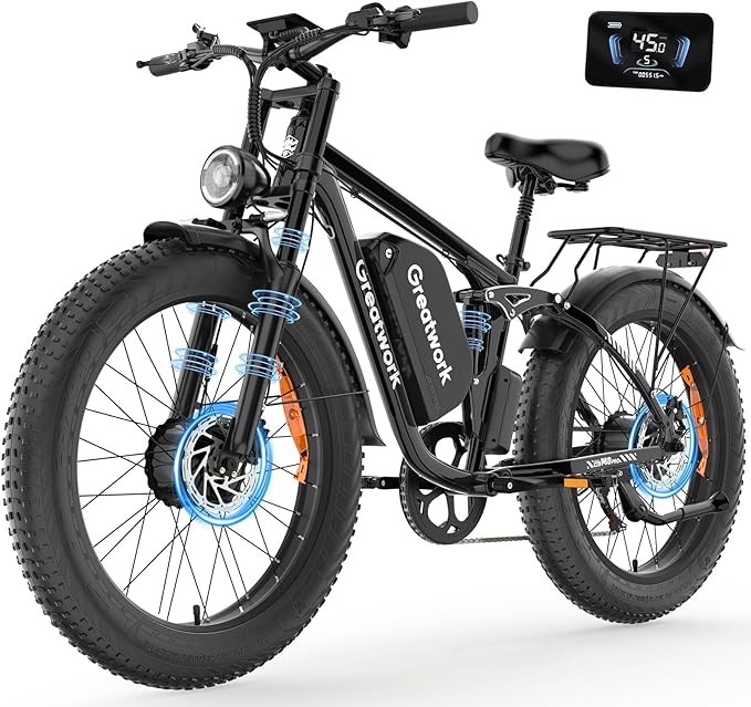 GREATWORK 52V 5000W Peak Dual Motor Electric Bike for Adults, 1300Wh Battery, Up to 45MPH & 100 Miles Range, 26" x 4.0 Fat Tire Electric Dirt Bike with Suspension, Mountain E-Bike for Men Women
