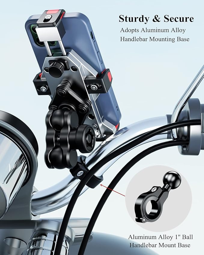BRCOVAN Anti-Theft Aluminum Alloy Motorcycle Phone Mount with Vibration Dampener & Secure Lock, Adjustable Motorcycle Handlebar Cellphone Holder for Bike Bicycle Scooter ATV, Fit 4.7-7.2'' Smartphone