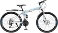 Folding Mountain Bike, 26" Womens 21-Speed Mountain Folding Bike, Carbon Steel Frame Mountain Bike, with Dual-Disc Brake, Blue&White