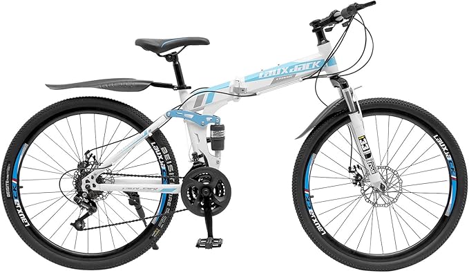 Folding Mountain Bike, 26" Womens 21-Speed Mountain Folding Bike, Carbon Steel Frame Mountain Bike, with Dual-Disc Brake, Blue&White