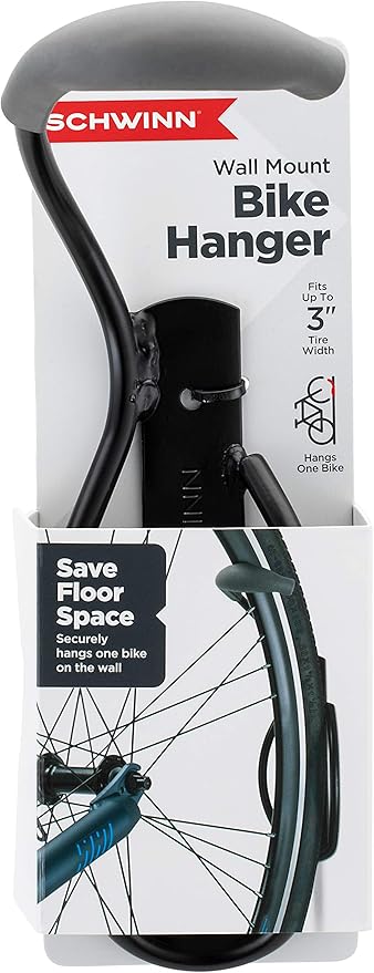 Schwinn Wall Mount Bike Hanger, Space Saving Vertical Garage Storage for Bicycle, Fits Up to 3 Inch Tire Width, Can Hold Up to 50 lbs., Hangs One Bike, Black