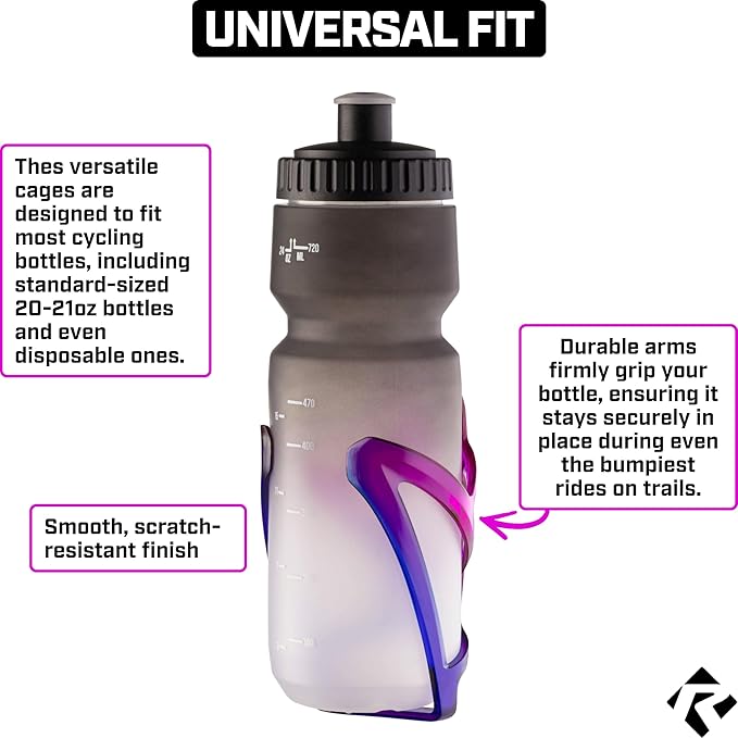 Revere Ultra-Light Bike Water Bottle Holder – Durable Bicycle Bottle Cage for Road, MTB, & Mountain Bikes – 2-Pack with Screws & Installation Tool – Premium Cycling Accessories (Purple/Blue)