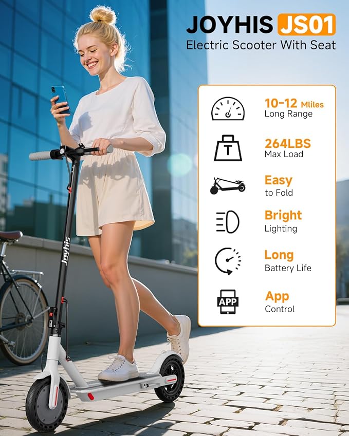 Electric Scooter for Adults - 19/22MPH & 15/22Mile Range, 8.5"/10" Solid Tires Folding Commuter E-Scooter with Dual Suspension, App Control & Dual Brake System, with Seat