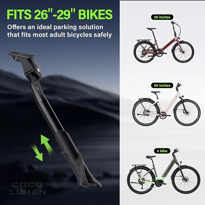 Bike Kickstand Center Mount - Adjustable Kickstand for Mountain, Road & Ebikes - Wide Reinforced Base Fits 26"/29" Wheels - Aluminum Alloy Supports 35kg Load