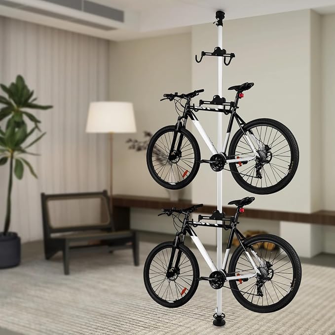 3 Bike Storage Rack - Vertical Bicycle Stand with Adjustable Hooks (Holds 66lbs Each) for Garage/Wall Mount - Space Saving Bike Organizer