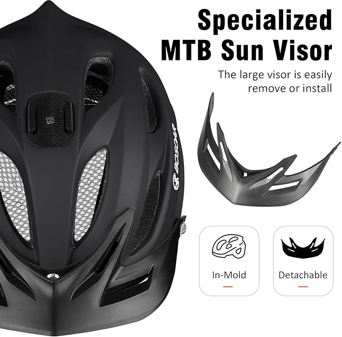 Mountain Bike Helmet,Adult Cycling Helmet with Camera Mount and Detachable Visor for Men Women Youth,Suggested Fit 55-61 Cm