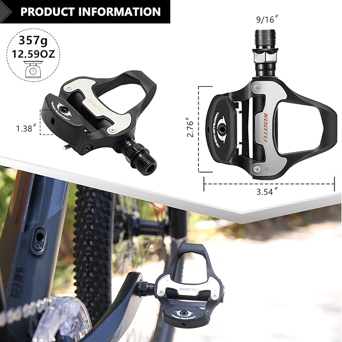 KOOTU KEO Bike Pedals 9/16" Universal Road Bike Pedals Bicycle Platform Pedals Clipless Pedals Suitable for Road Bike Spin Bike MTB Indoor Bike