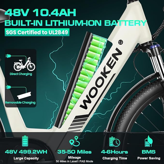 Wooken Electric Bike for Adults, 1000W Peak Ebike, 26" x 2.1" Tire Step Through Electric Bike, City Cruiser Ebike with 48V 10.4/15Ah Removable Battery, 7 Speed, SGS Certified to UL2849