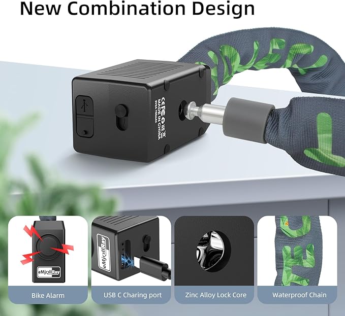 Bike Chain Lock with Alarm 8mm x 4ft E Scooter Lock Anti-Theft Alarm 110dB Security Heavy Duty with USB C Cable and 3 Keys for Bike/E Scooter/Motorcycle