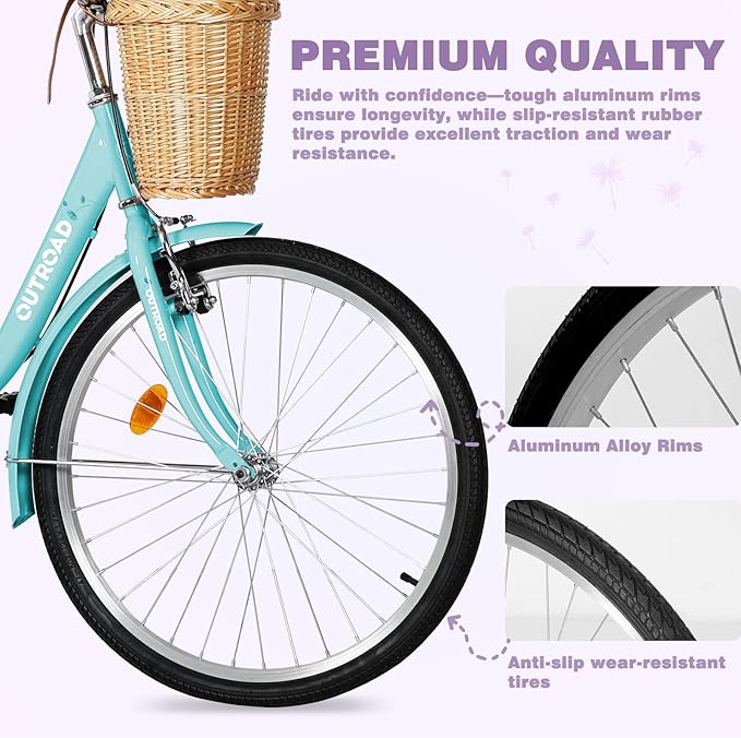 Betterland Beach Cruiser Bike for Women, 24/26 inch Hybrid Bike with Adjustable Seat, Womens Bike with Front Basket and Dual V-Brake, Step Through Comfort Bicycle for City Commuter