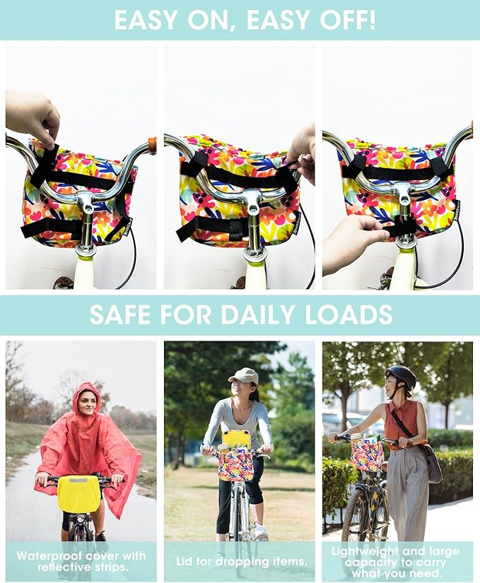 ANZOME Kids Bike Basket, Colorful Blocks Large Bicycle Basket, Bicycle Handlebar Bag, Waterproof Fabric Colorful Bike Basket for Women, Men, Kids