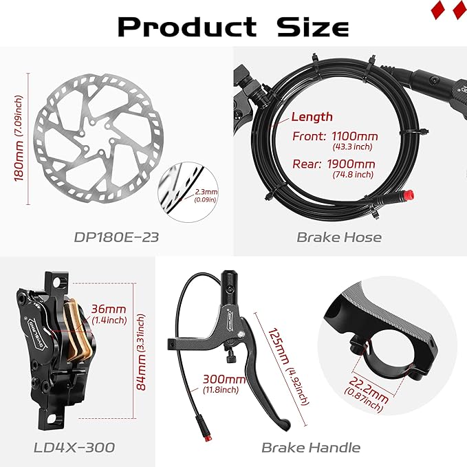 E-Bike Hydraulic Disc Brake Set 4-Pistons/2-Pistons,2-PIN/3-PIN Pre-Bled with Mineral Oil Brakes Kit,Front and Rear Set,180mm 2.3mm Thick Rotors