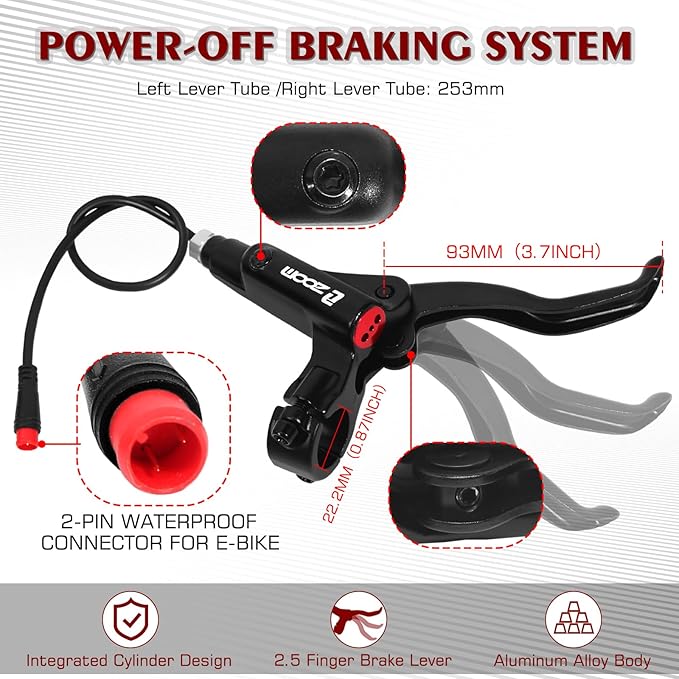 BUCKLOS Ebike Hydraulic Disc Brake Zoom HB-775E 2-PIN 2 Pistons Ebike Electric Power-Off Brakes Left Front 1110mm Right Rear 1850mm with Mounting Adapter Fit E-Bike,Scooter and Electric Motorcycle