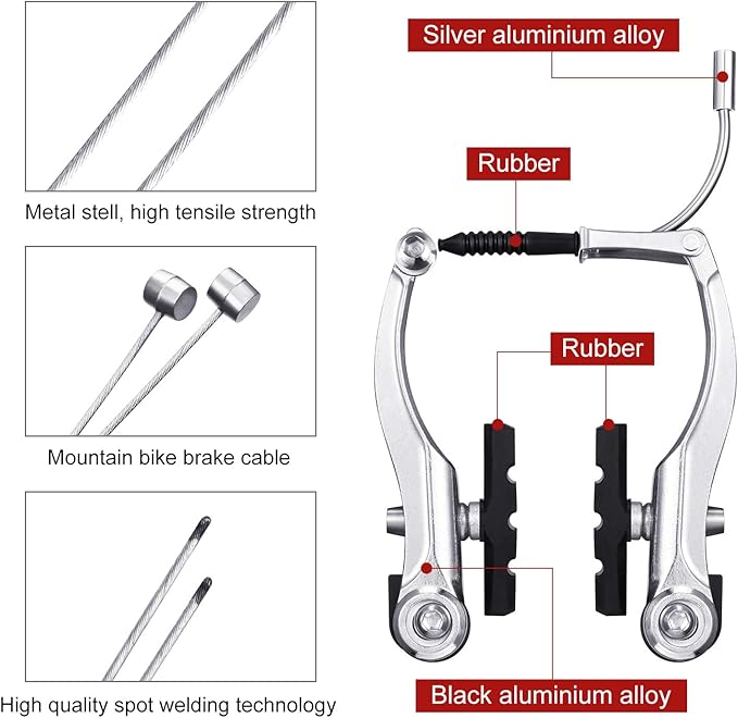 Universal Mountain Bike Brakes Set - 2 Pairs, Replacement for Most Bicycles, Includes 2 Pieces Brake Cables, Gear Shift Cable Wire, End Caps, End Ferrules