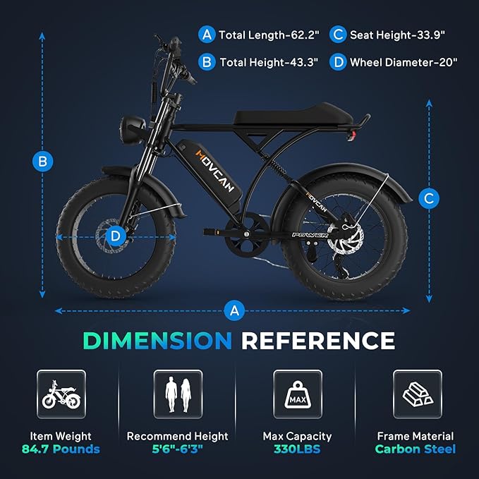 Movcan V60/V60 Pro Electric Bike, 48V 15.6/18.2Ah Removable Battery 20” Fat Tire Electric Bike, 1000/1500W Motor 30/33MPH Top Speed Electric Motorcycle, for Commute/Offroad/School/Rain/Snow Riding.