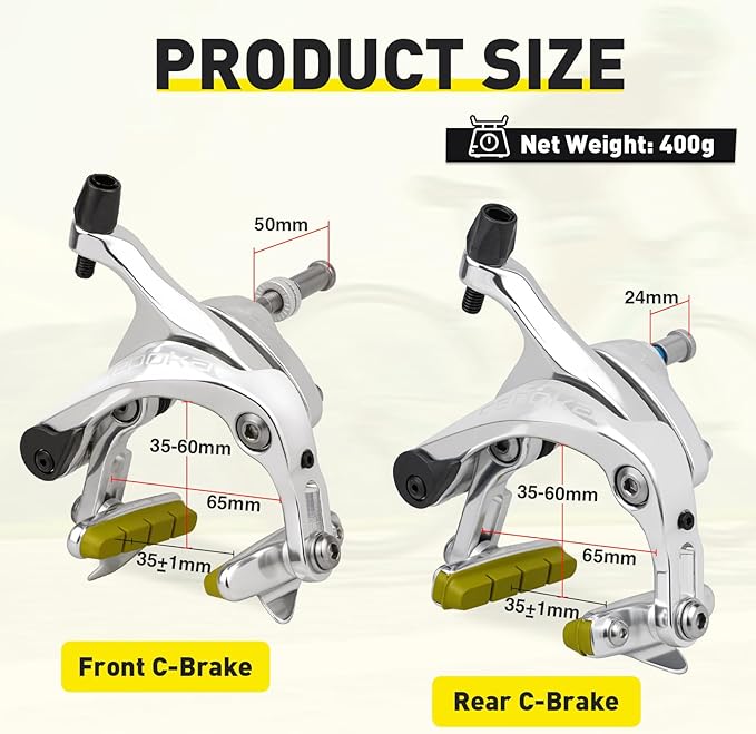 Dual Pivot C Brakes, Forged Aluminum Alloy Front and Rear Caliper Set, Road Bike Rim Brakes Compatible with 700c, Fits 19-26mm Rims, Max 30mm Tire Width, 2 Colors