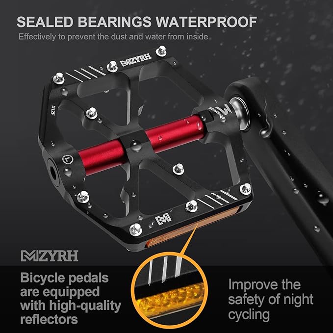 MZYRH 3 Bearings Mountain Bike Platform Pedals - Flat Alloy 9/16" Non-Slip Bicycle Pedals