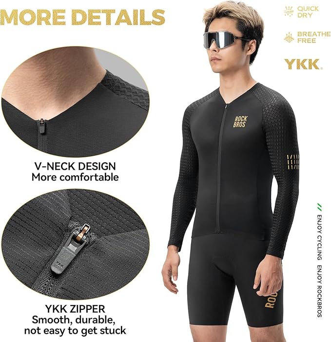 ROCKBROS Men's Cycling Jersey Long Sleeve Shirt Bike Jersey Men with Full Zipper Pocket Quick Dry