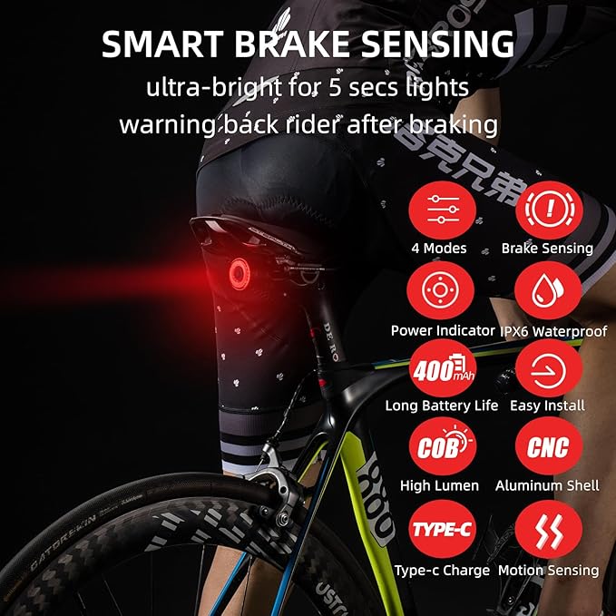 ROCKBROS Bike Tail Light Smart,Brake Sensing Bicycle Rear Lights for Night Ride,Ultra Bright LED Back Lights,Type C USB Rechargeable,IPX6 Waterproof,Cycling Safety Taillight Accessories